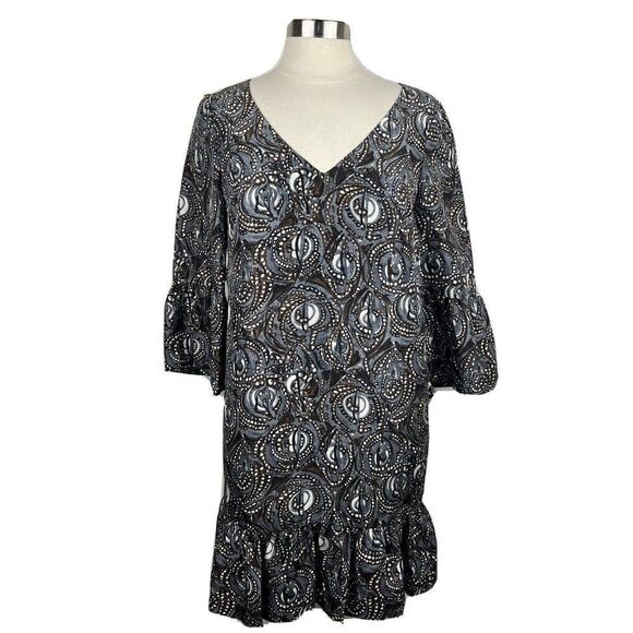 Tibi New York Dress 8 Womens Gray Print Silk 3/4 Sleeves Mini Lined Ruffle Hem - Picture 1 of 9